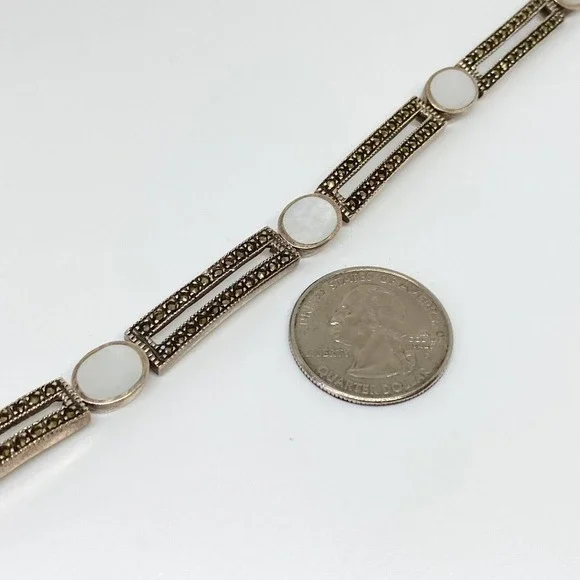 Vintage 925 Sterling Silver Marcasite Mother Of Pearl Chain Link Bracelet 7.5" - Picture 4 of 6